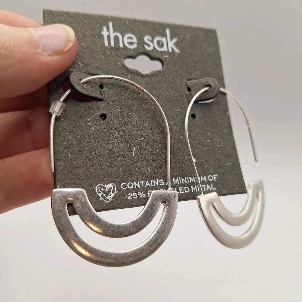 The Sak Silver Hoop Earrings | Modern Half Moon Dangle Hoops | Minimalist Style